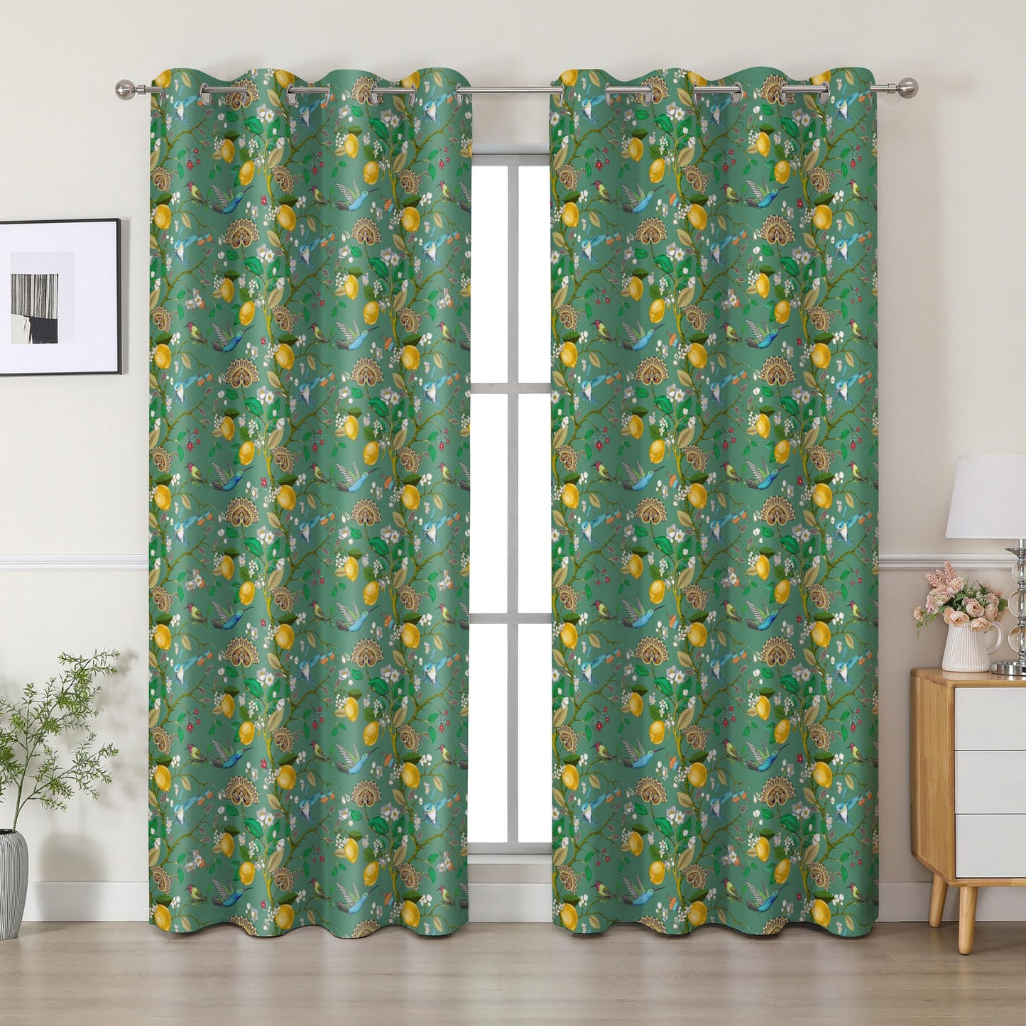 cusugbaso Floral Blackout Curtains 84 Inch Length 2 Panels, Sage Green Hummingbird Branch Vintage French Country Light Blocking Thermal Insulated Drapes with Grommet for Bedroom, Bathroom, Livingroom