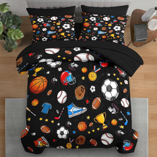 Pamnest Comforter Set Full Size, Basketball Football Baseball 7 Pcs Bedding for Kids and Adults, Hockey Sport Bed Sheet Sets with Fitted Sheet 2 Pillowcases & 2 Shams for Bedroom Bed Decor