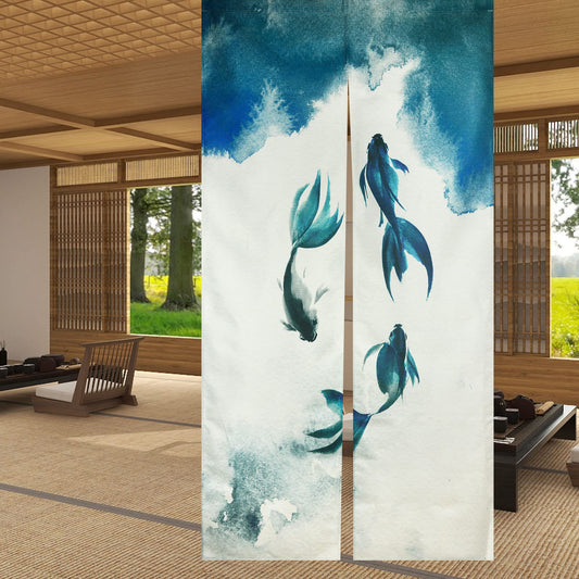 LIGICKY Chinese Ink Style Long Japanese Noren Doorway Curtain Linen Koi Fish Printed Asian Window Treatment Hanging Door Tapestry for Sushi Kitchen Home Decoration 33.5" Width x 70.9" Long