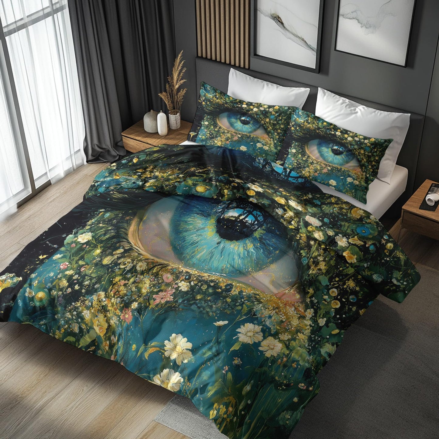zcwl Fantasy Eye Duvet Cover Oversized King Size | Floral Bedding Set | 3 Piece | Soft Microfiber Patterned Comforter Cover with Zipper Ties & 2 Pillowcases | Blue Green Artistic Bedroom Decor
