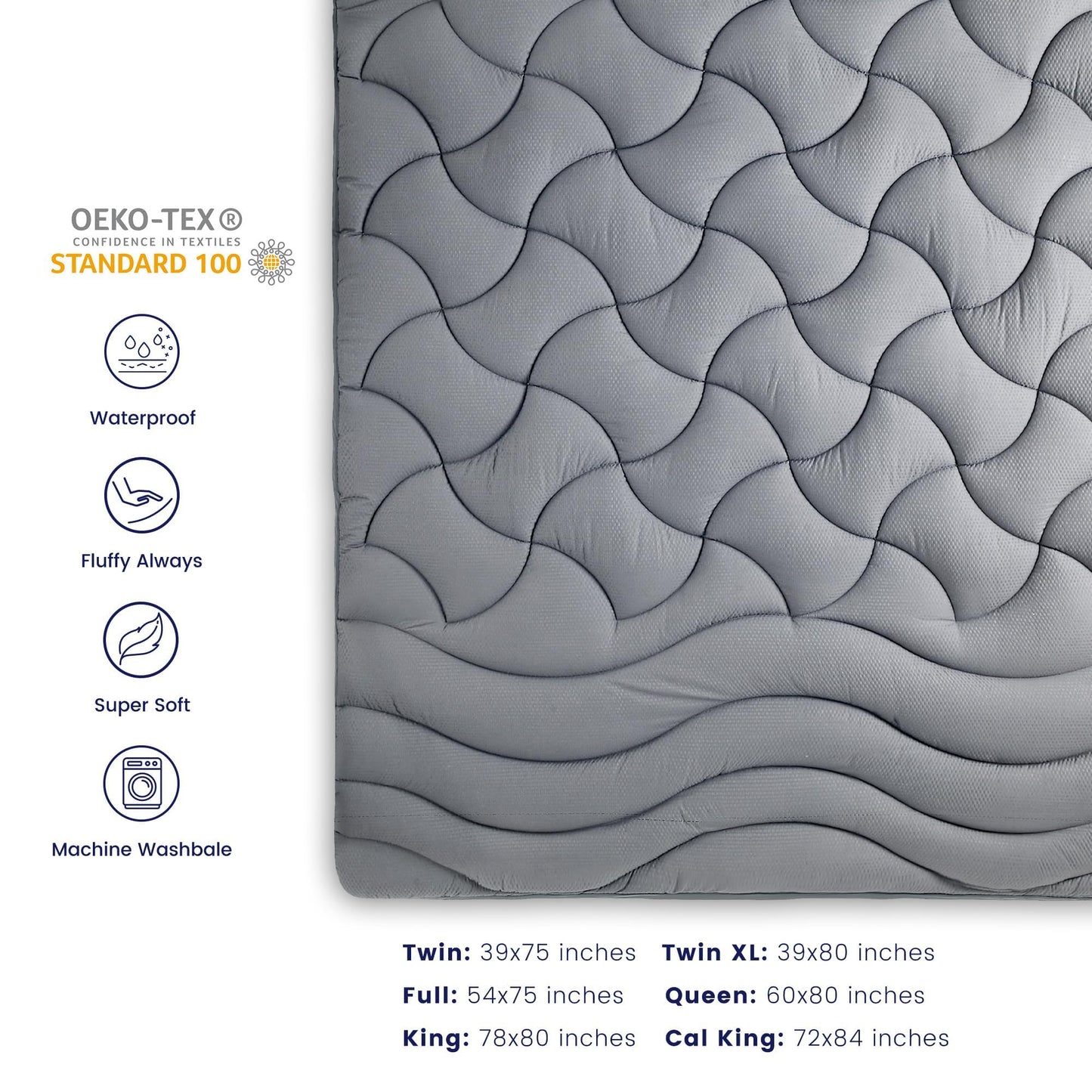 SLEEP ZONE Waterproof Mattress Pad Queen, Breathable Mattress Topper Quilted Fitted Cover Protector with Deep Pockets fits 8-21 inch, Gray