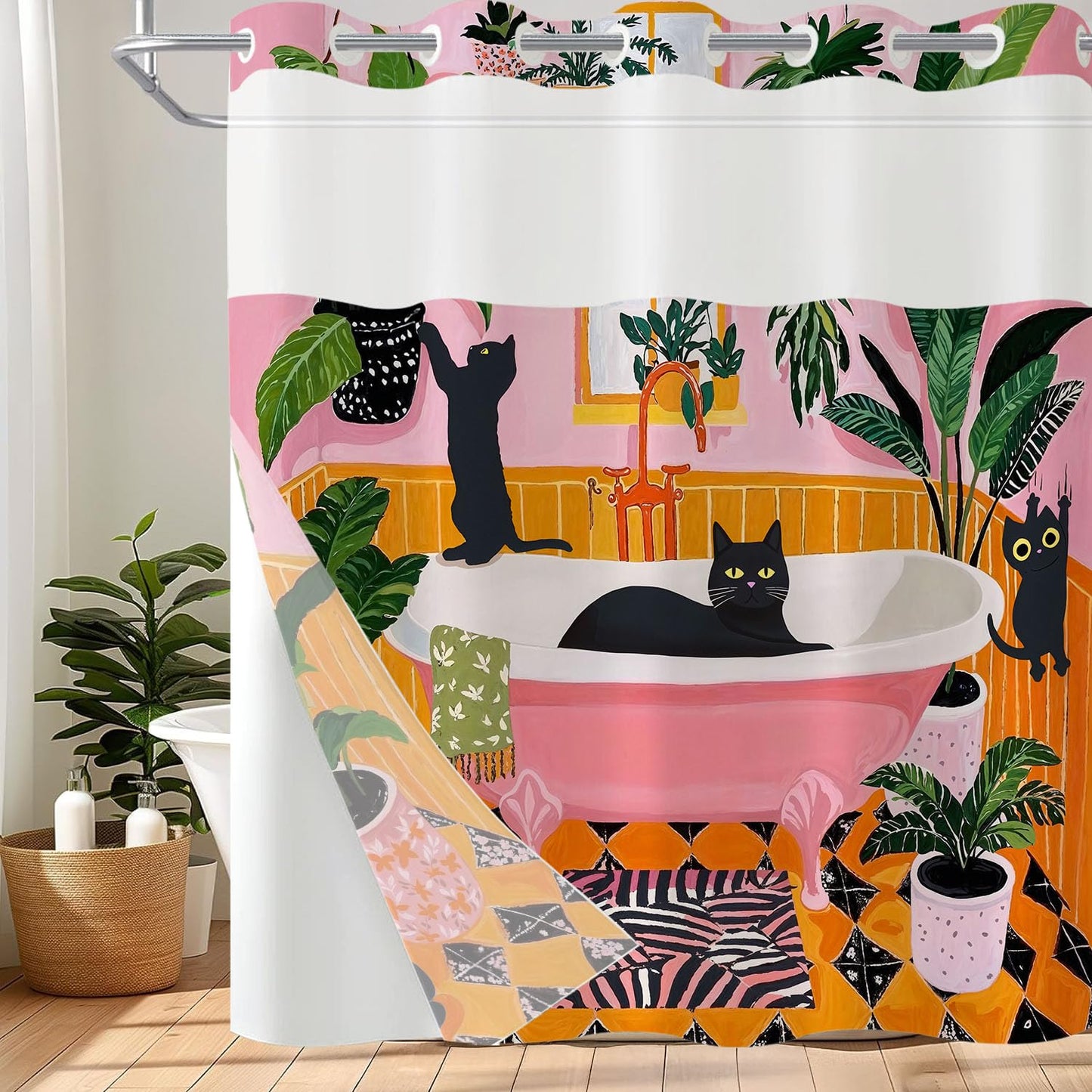 Fowocu No Hook Shower Curtain with Snap in Liner Funny Cat Shower Curtains for Bathroom Boho Cute Black Cats Matisse Green Tropical Plant Pink Orange Waterproof Fabric Bath Curtain Decor 71×74In