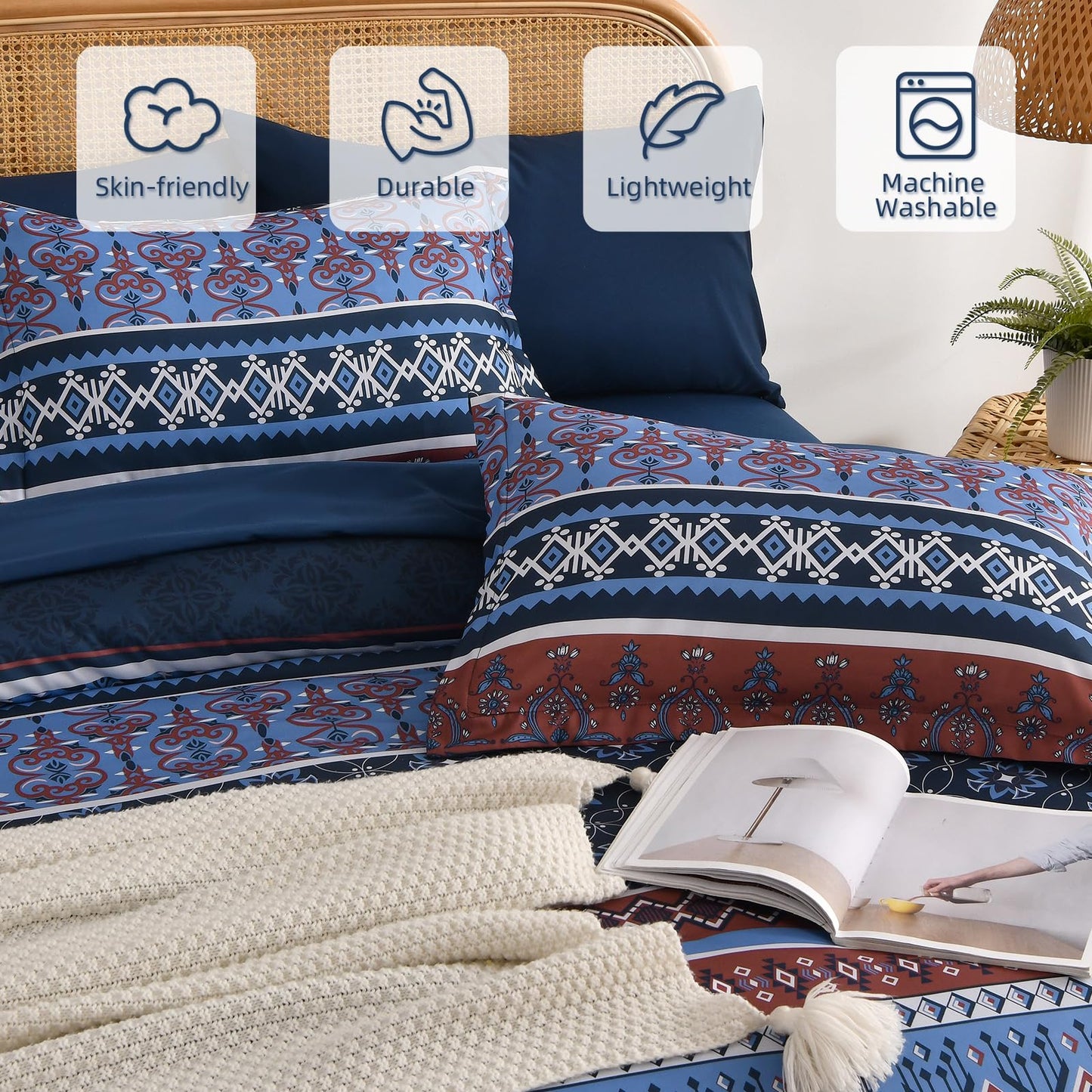 Boho Comforter Set Queen Size,7 Pieces Bohemian Comforter Bedding Set Bed in a Bag,Navy Blue Paisley Floral Comfortet and Sheet Set,Soft Striped Bedding Sets for All Season