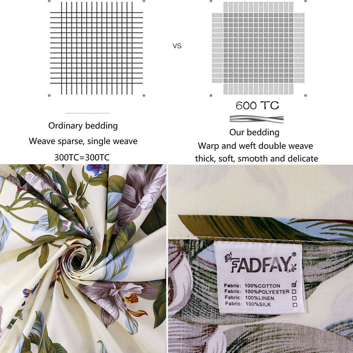 FADFAY Shabby Floral Sheets California King 100% Cotton 600 TC White Flower and Green Leaves Bedding Vintage Garden Botanical Print Country Side Bed Sheet Soft Hypoallergenic Deep Pocket Sheet 17.5''