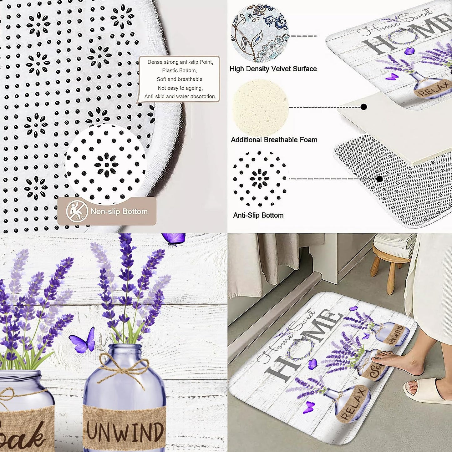 ALEXEX 4 PCS Purple Lavender Shower Curtain Sets,Home Sweet Bathroom Set with Shower Curtain and Rugs and Accessories,Farmhouse Country Shower Curtain Bathroom Decor with 12 Hooks,72 X 72 Inches