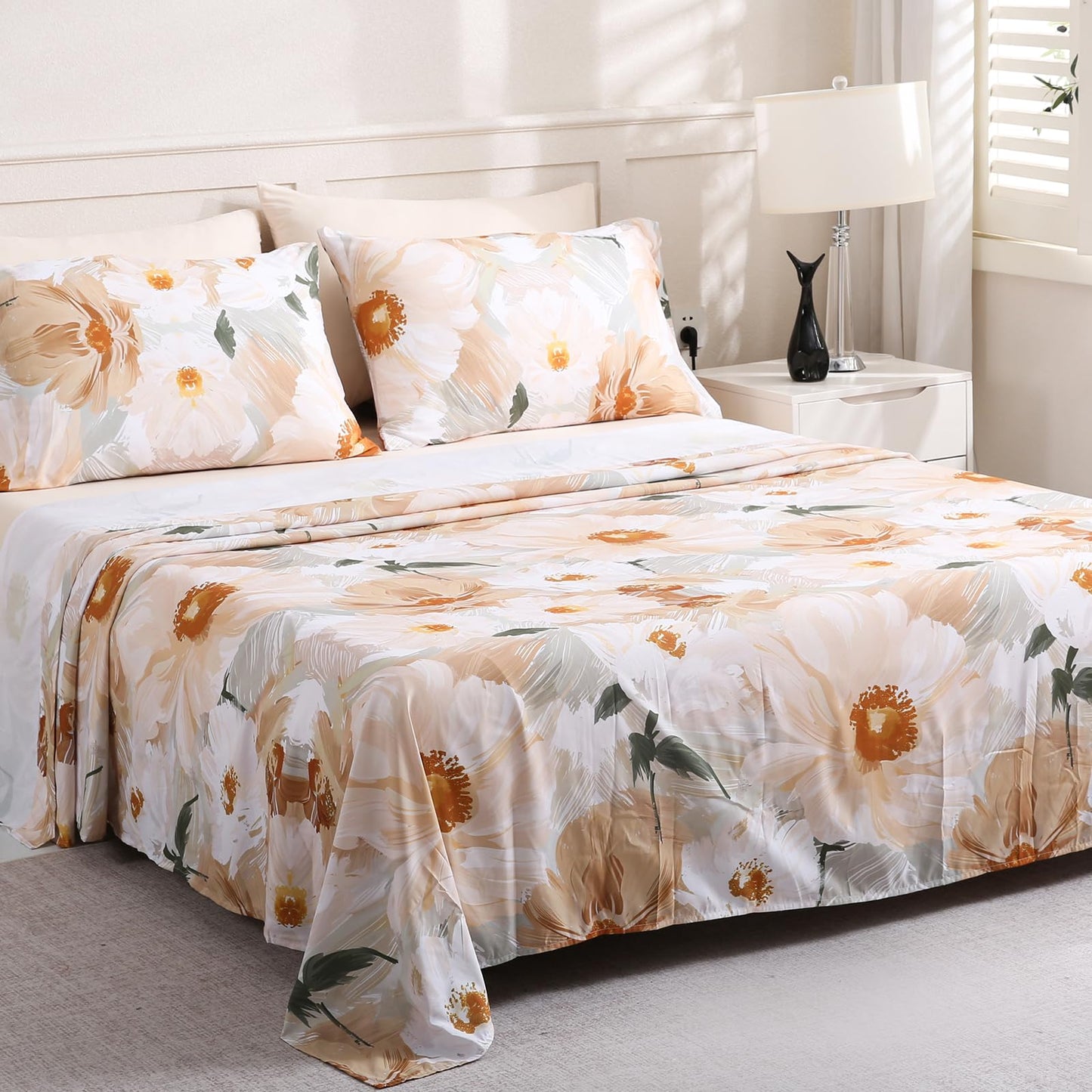 LONAVA Flower King Size 6 Pcs Sheet Set, Breathable Microfiber Deep Pocket Biege Fitted Sheets, Comfy & Breathable Patterned Flat Sheets,4 Gentle Soft Pillowcases, Golden Flower