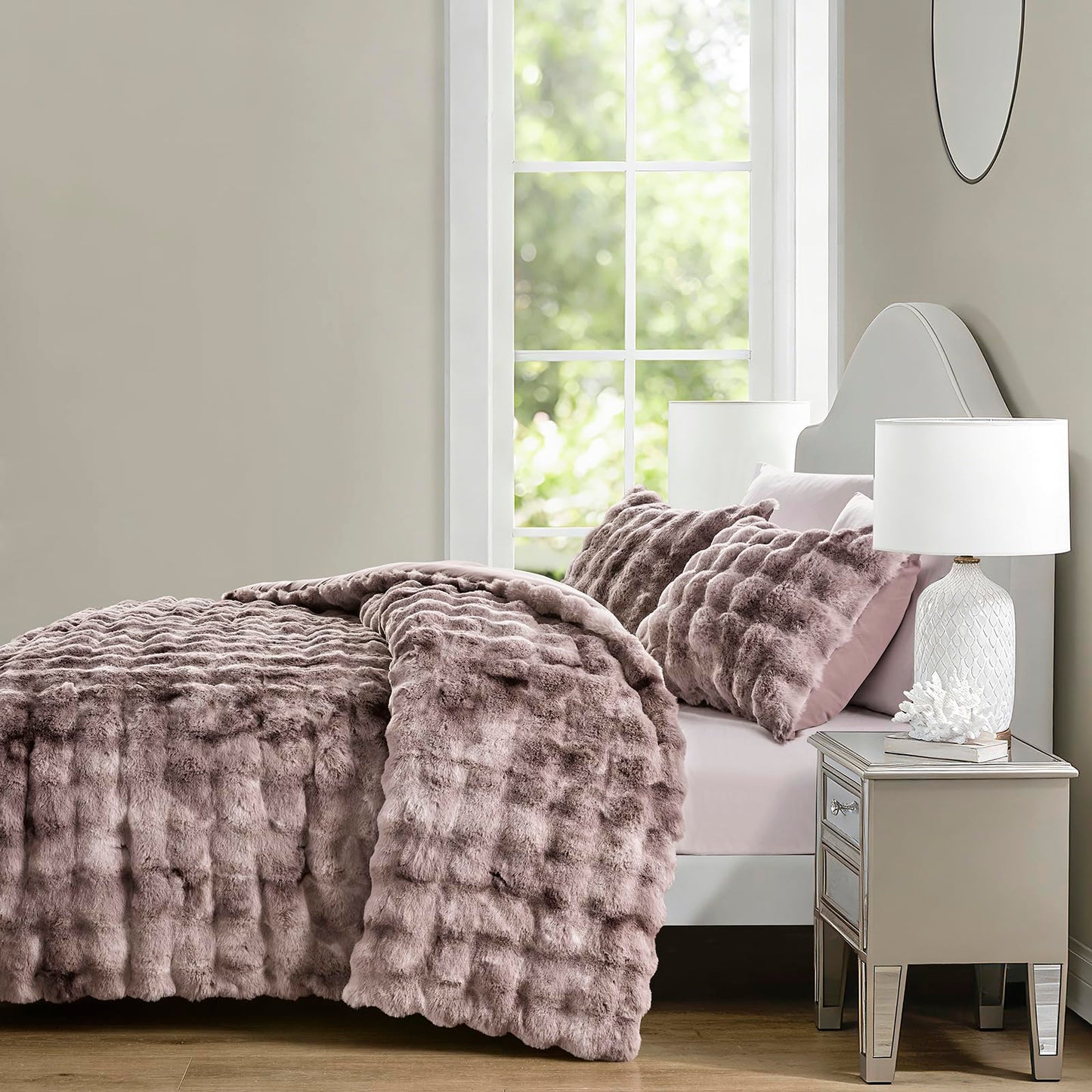 Humesill Luxury Faux Rabbit Fur Comforter Set, 3 Pieces Comforter King Size with 2 Pillow Shams, Tie-dye Fur with Bubble Design for Front and Microfiber Back, Will Light Fill(Dusty Mauve, 104x90 Inch)