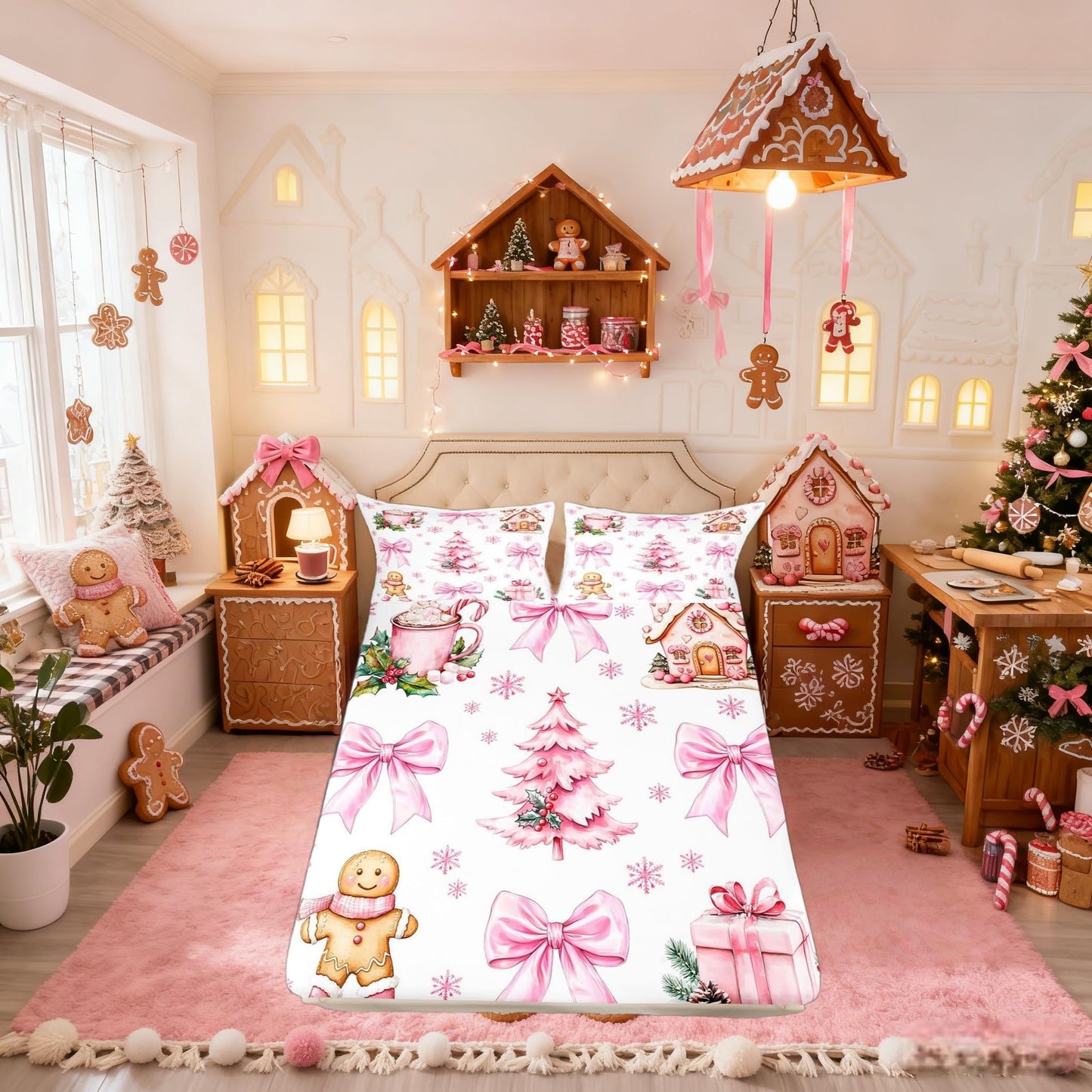 Merry Christmas Kids Full Size Fitted Sheet,Bowknot Gingerbread Man Xmas Tree Boys Girls Bed Sheets,Poinsettia Snowflake Winter Room Decor,Pink White Bedding Set,2 Pillowcases(No Flat)