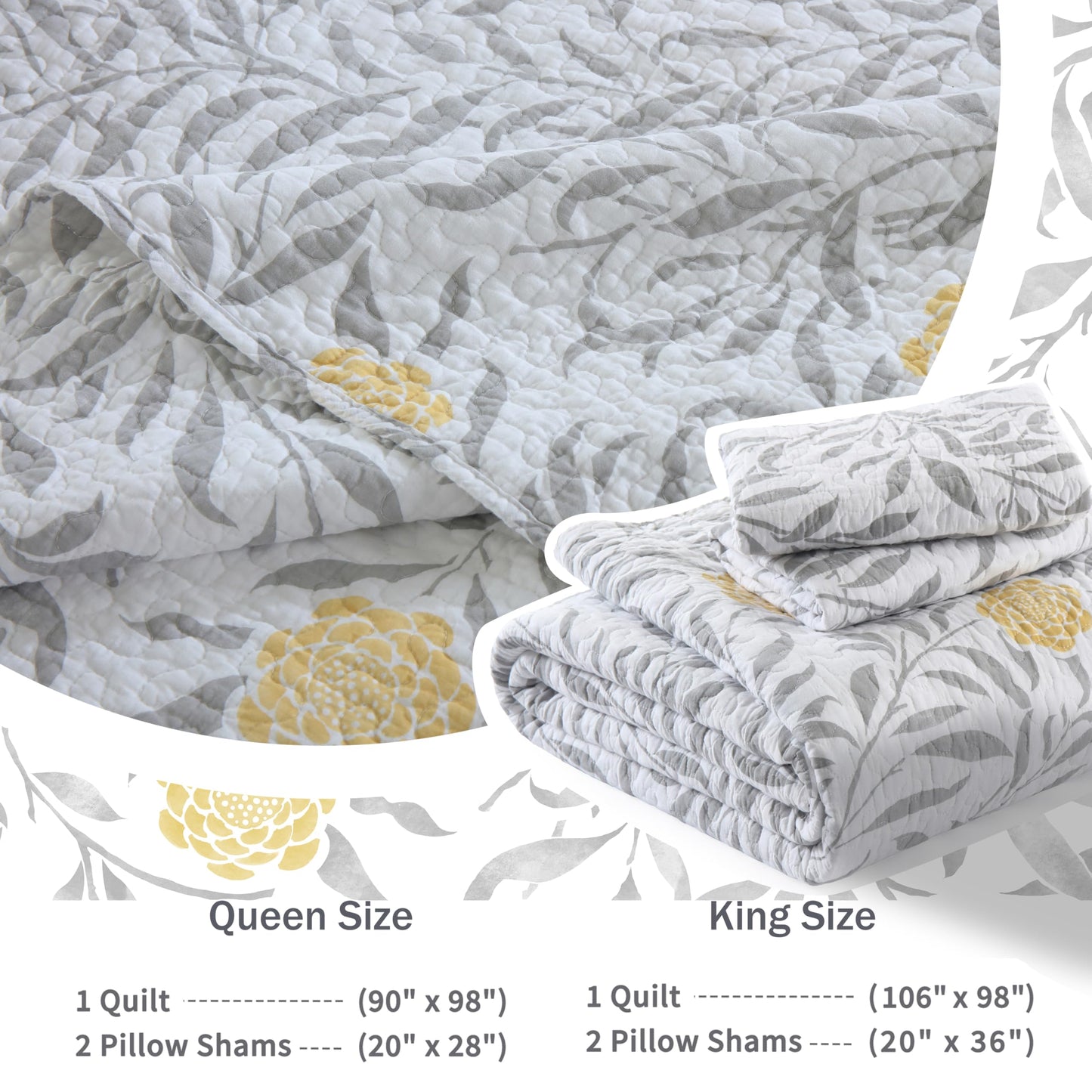 Homzard Floral Queen Comforter Set - 100% Cotton Quilts Queen Size,Yellow Gray White Bedspreads (90 * 98 Inch) with 2 Pillow Shams, Farmhouse Lightweight Bedding 3 Pieces