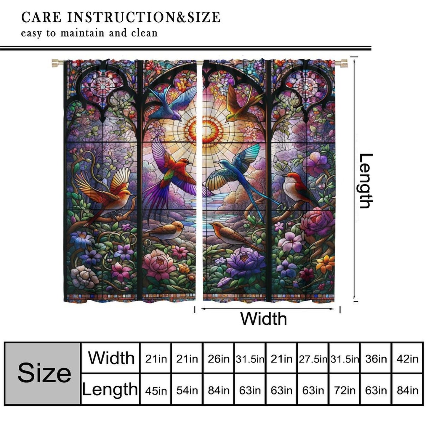 FengMingRui Hummingbird Stained Glass Curtains Nature Scenery Floral Flowers Bird Abstract Geometry Window Treatments for Kids Boys Girls Bedroom Living Room Window Drapes 42" W X 45" L