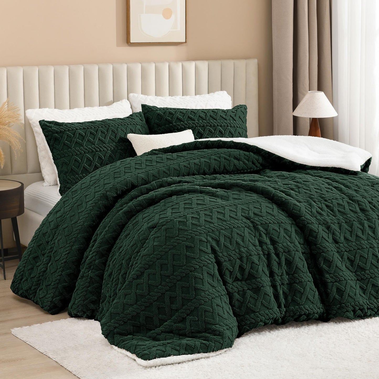 Andency Fluffy Sherpa Queen Comforter Set Dark Green, Super Soft Emerald Green Fleece Warm Bedding for Winter, Luxury Jacquard Boho Fuzzy Plush Bed Set 3 Pieces(1 Shaggy Comforter, 2 Pillowcases)