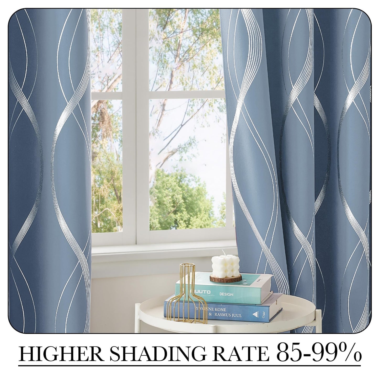 NICETOWN Dusty Blue Patterned Stripe Curtains for Bedroom and Patio, W52 x L84 inch, Wave Line Foil Print Design Morden Home Decor Room Darkening Drapes Room Divider, 2 Panels