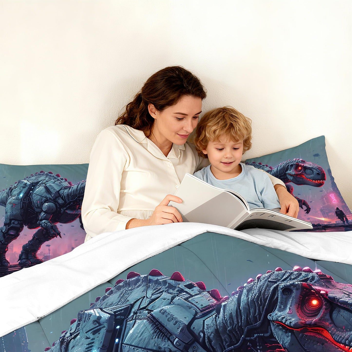 VTKON Kids Dinosaur Comforter Set Full Size Dino Bedding Set for Kids Teens 3D Printed Neon Dino Comforter Sets 3 Pcs Soft Microfiber Boys Bedroom Decor