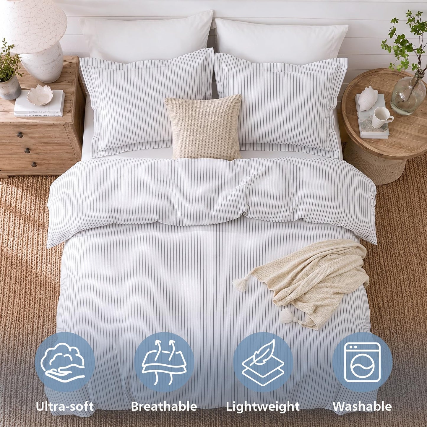 JOLLYVOGUE Striped Duvet Cover Queen, White Duvet Cover with Grey Stripes