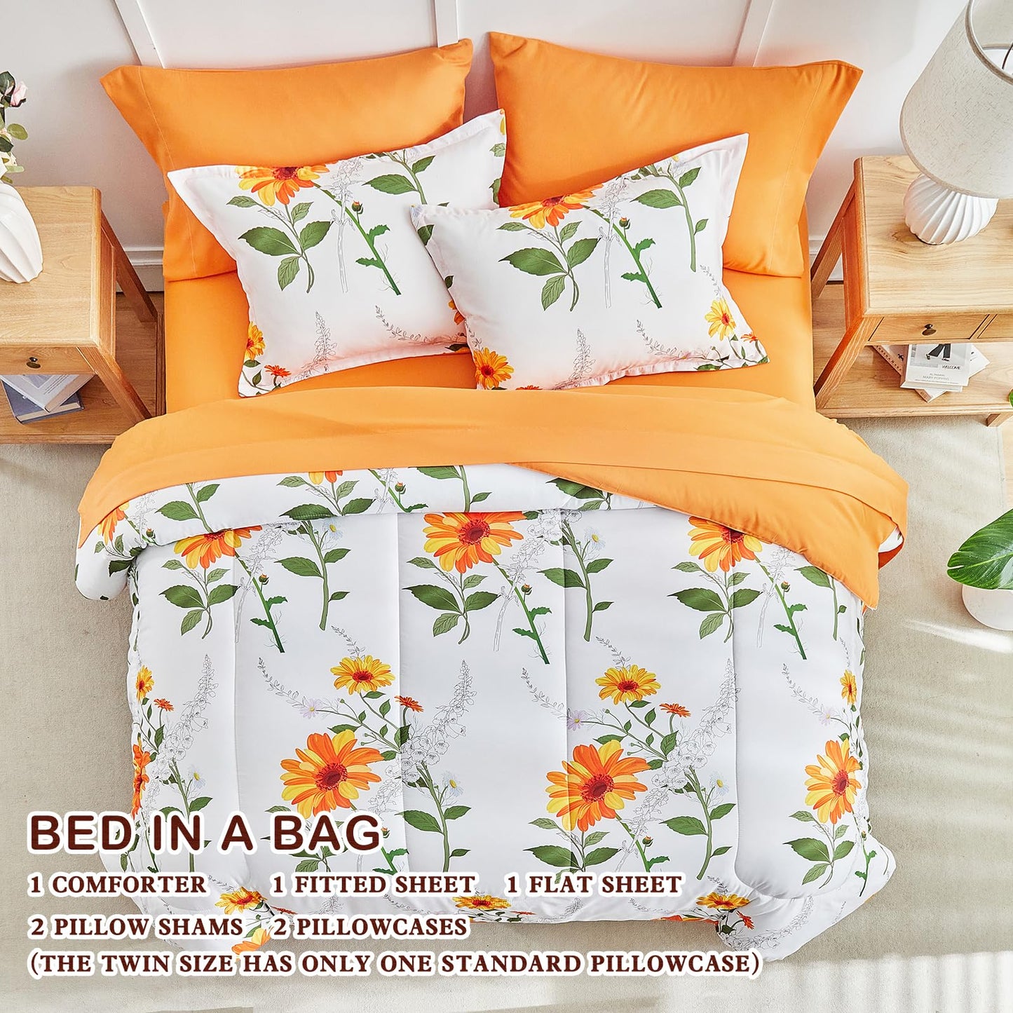 Joyreap 6 Piece Bed in a Bag Twin, Floral Comforter Sheet Set, Orange n Yellow Flowers on White Design, All Season Microfiber Bedding Comforter Set