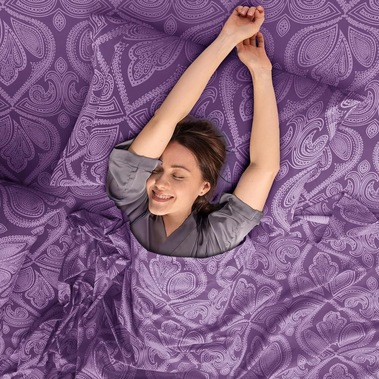 Ultra Soft Wrinkle-Free Microfiber Paisley Twin XL Sheet Set, Cute Floral Pattern Boho Print – 16" Deep Pocket Fitted Sheet, Flat Sheet & 2 Pillowcases, Breathable, OEKO-TEX - Purple