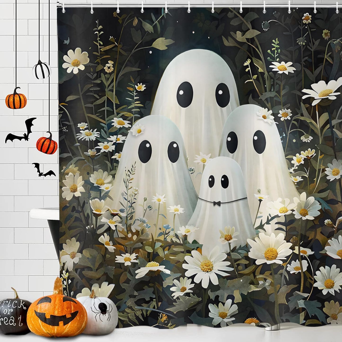 deFouliao Halloween Shower Curtain Flower with Ghost Family Cute Funny Bathroom Curtain Sets for Halloween Themed Bath Home Decor, Waterproof Fabric Decoration with Hooks 72x72 Inch