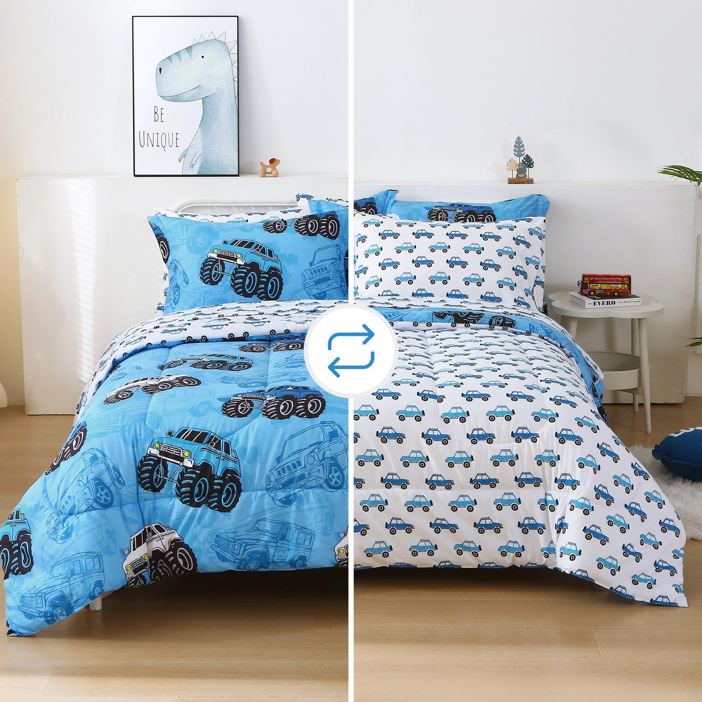 Mooreeke Kids Twin Comforter Sets for Boys 6 Pieces Truck Blue Bedding Set for Teens Soft Microfiber Kids Bed in A Bag with Comforter, Sheet Set, Shams and Decorative Toy Pillow All Season