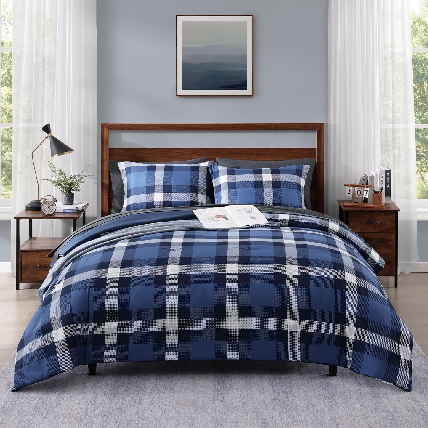 MaiRêve Queen Size Plaid Comforter Set Indigo Blue, Classic Checkered 7 Pieces Farmhouse Bedding Set, All Season Lightweight Bed in A Bag with Sheets, Pillowcases & Shams