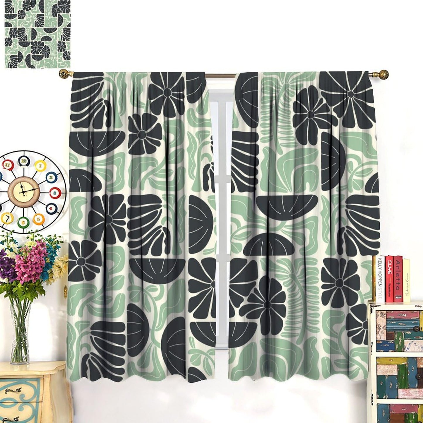 JESTRONRY Mid Century Boho Curtains, Modern Abstract Abstract Geometric Green Floral Pattern Print Blackout Window Door Curtains for Bedroom Living Room Home Decor 42x45in