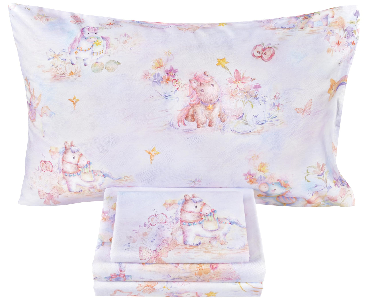 Scientific Sleep Pastel Unicorn Pony Horse Flower Fairy Tale Cute Adorable 100% Cotton Bed Sheet Set Kids Boys Girls Teen, Flat Sheet & Fitted Sheet & Pillowcase Bedding Set (Pretty Pony, Full)