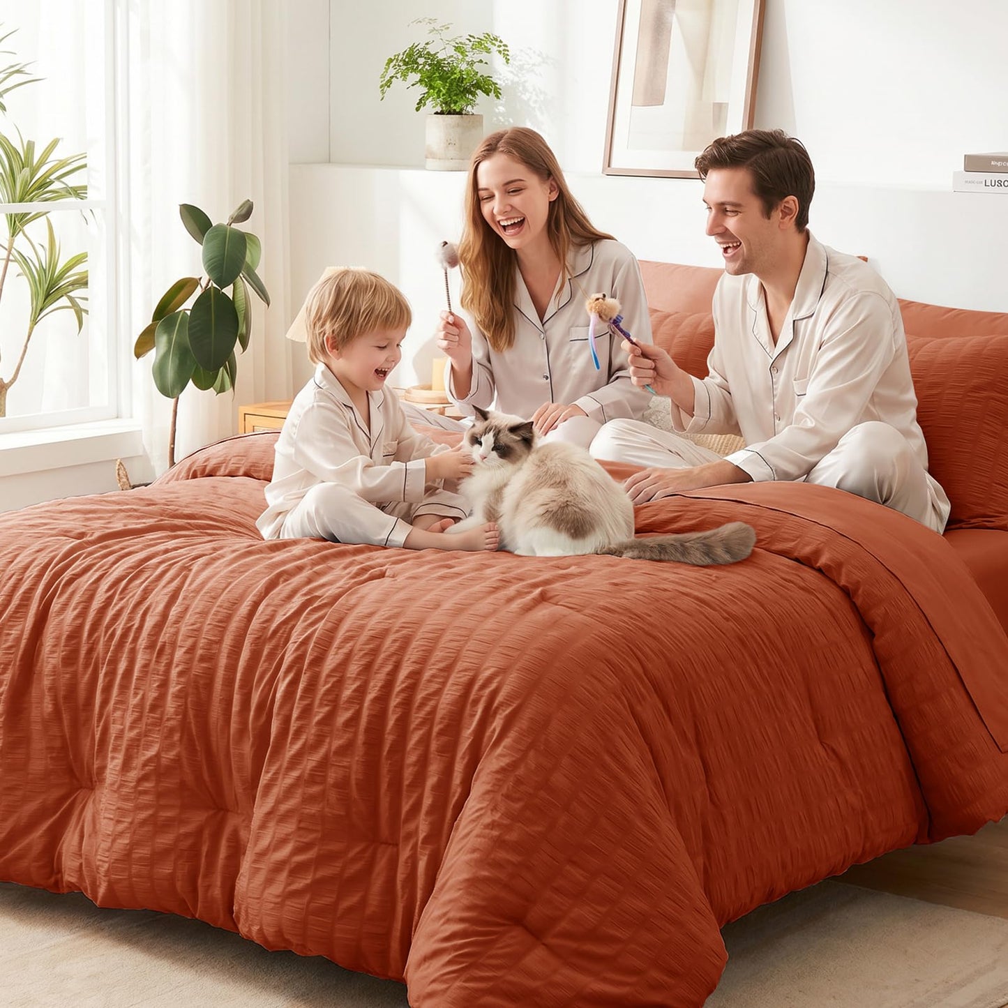 CozyLux Queen Comforter Set Burnt Orange, 7 Pieces Seersucker Textured Luxury Bed in a Bag, Terracotta All Seasons Bedding Sets with Down Alternative Comforter, Sheets, Pillowcases & Shams, Home Gift