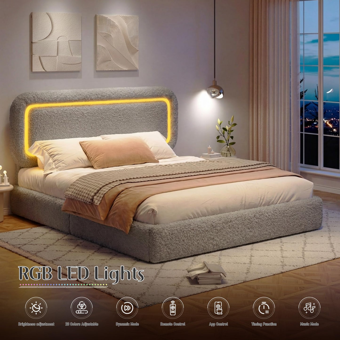 Homkdom Upholstered Full Bed Frame with Led Lights,Boucle Upholstered Full Size Bed Frame with Headboard,Soft Bed Frame Full,Anti-Collision Round Corners,No Box Spring Needed,Modern,Grey