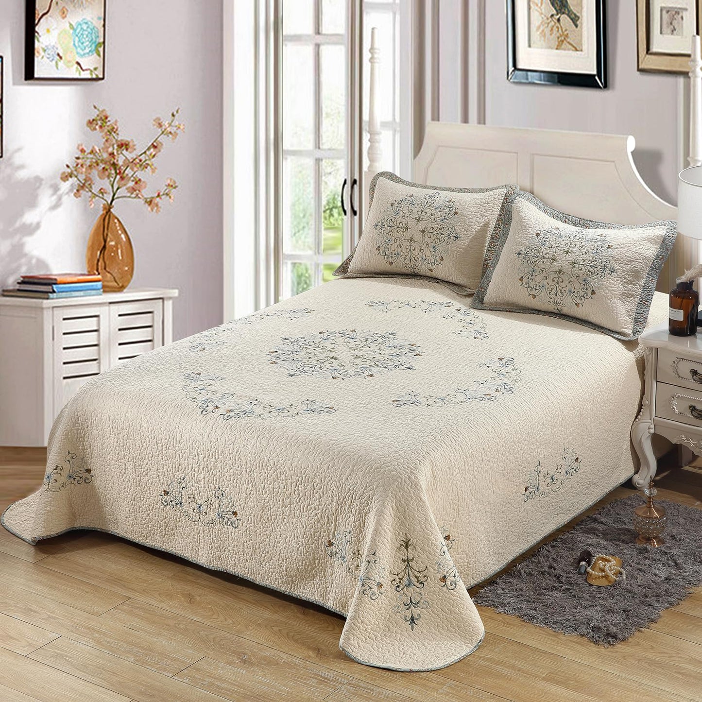 Quilt Set Floral Leaves 3D Embroidery Pattern 3 PCS Cotton Reversible Quilted Embroidered Decorative Bedspreads Coverlet Set, Lightweight &Soft Queen Size Beige Bedding Coverlet for All Season