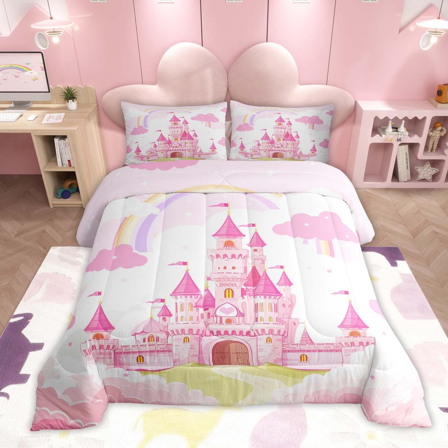 Feelyou Kids Queen Pink Castle Comforter Set Rainbow Castle Bedding Set Girls Princess Comforter Fairy Tales Duvet Set Girls Bed Set 3Pcs