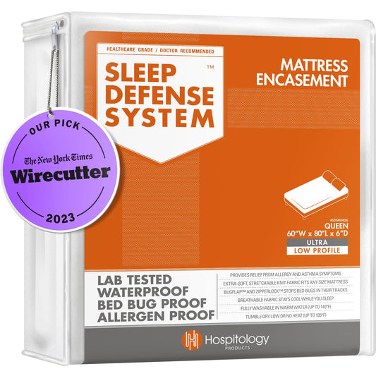 HOSPITOLOGY PRODUCTS Mattress Encasement - Zippered Bed Bug Dust Mite Proof Hypoallergenic - Sleep Defense System - Queen - Waterproof - Stretchable - Ultra Low Profile 6" Depth - 60" W x 80" L