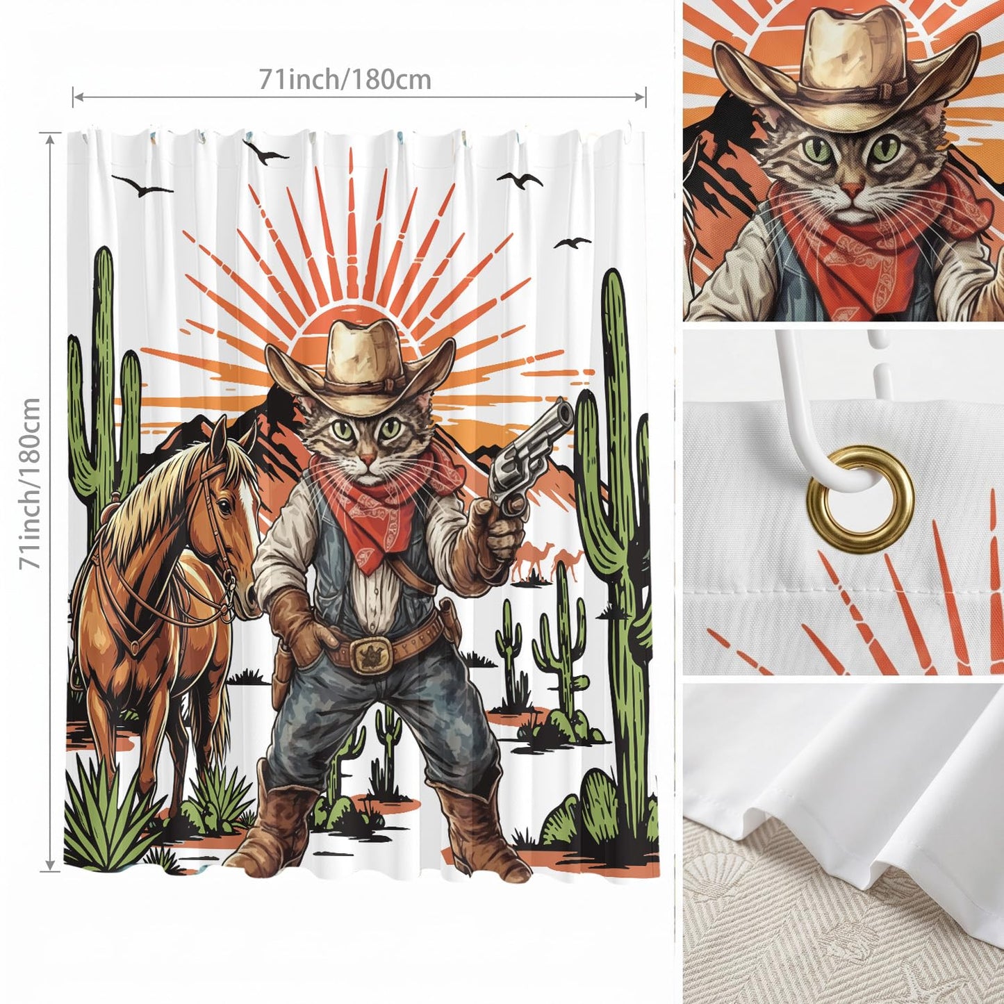 InIsaJace Cowboy Cat Shower Curtain, Funny Western Shower Curtains for Bathroom Decor, Waterproof Cactus Bath Tub Curtain with Hooks(71 X 71 Inches)