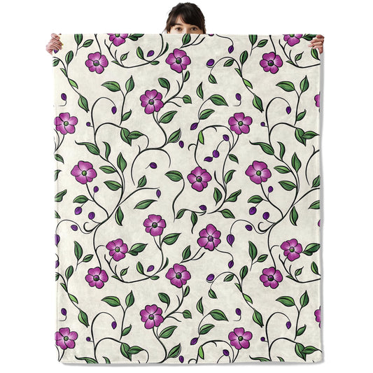 onlcuk Vintage Purple Floral Blanket, Cozy Flannel Green Vines Throw Blanket, Soft Fuzzy Blankets for Travel Home Decor, All Season Lightweight Couch Bed Cover, Gifts for Women Adults Kids 50"×60"