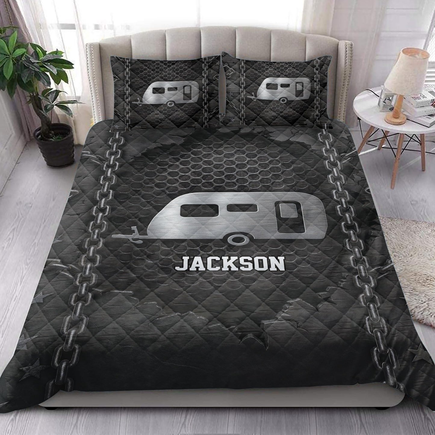 OhaPrints Custom Camping Camper Iron Chain Pattern Unique Gifts Personalized Name Quilt Blanket & Pillowcases, Bedding Set & Pillow Cover, King Queen Double Twin Throw Full Size Bedspread Bed
