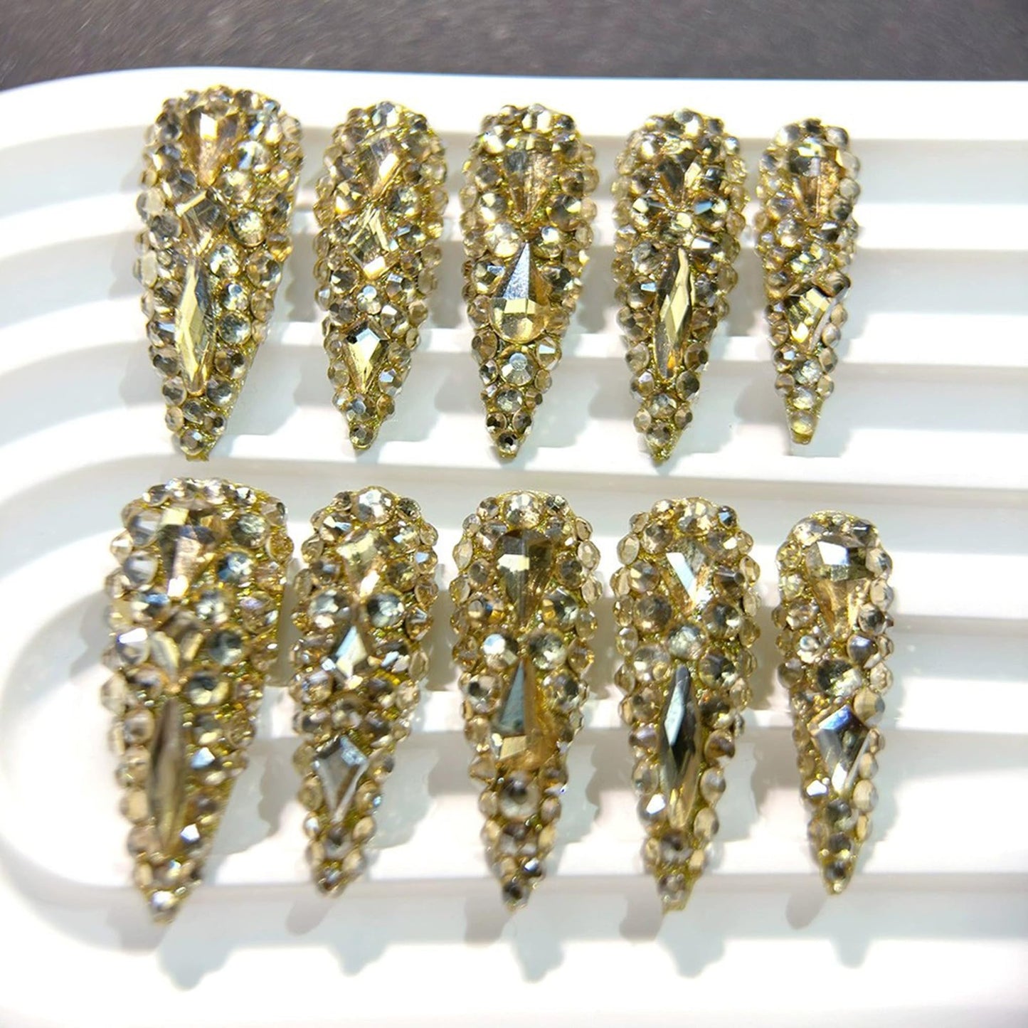 Almond Press on Nails Long Gold Rhinestones Handmade Fake Nails Luxury Full Cover False Nails with 3D Designs Acrylic Nails Press Ons Sparkly Reusable Glue on Nail for Women 10Pcs(Size M)