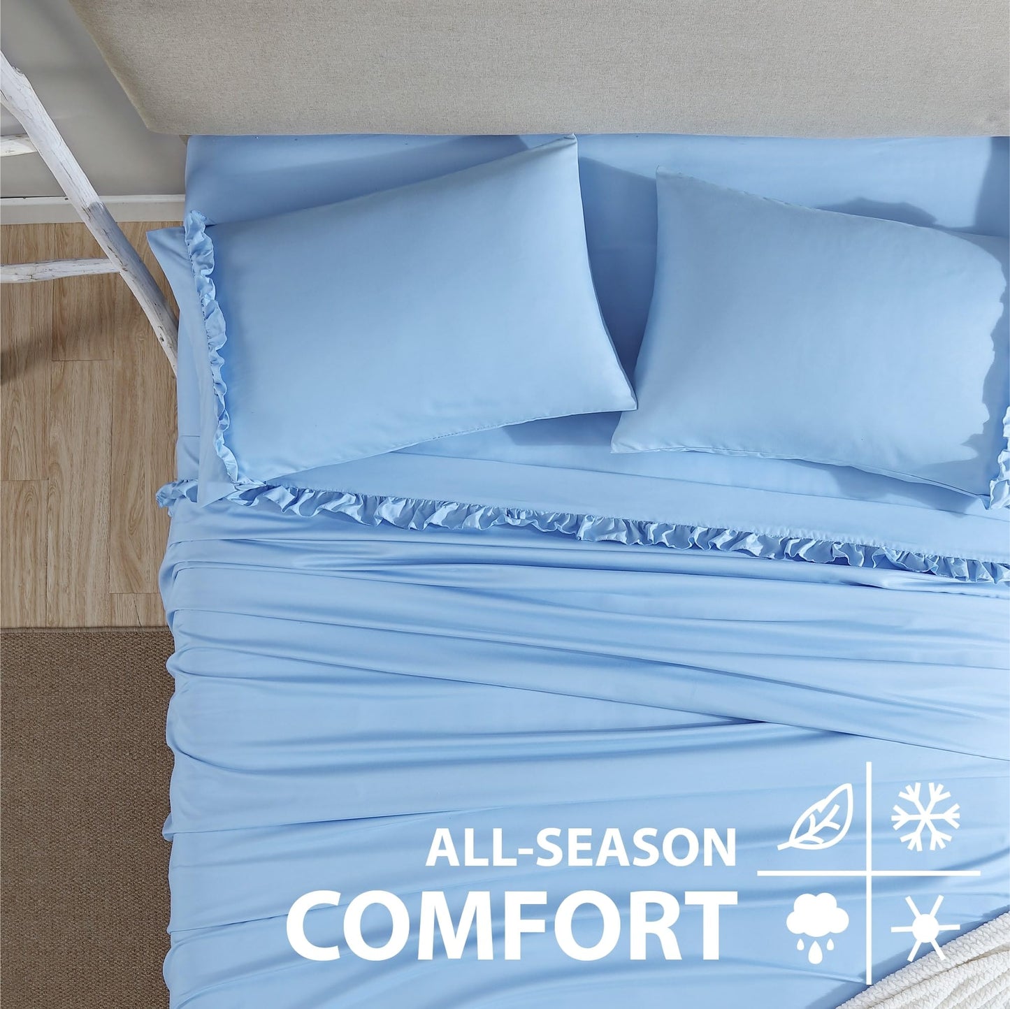Swift Home Ultra-Soft Elegant 2-inch Ruffled Hem Design on Flat Sheet and Pillowcases, Wrinkle Resistant, Fade Resistant, Deep Pocket, Double Brushed 4-Piece Microfiber Sheet Set - King, Blue Bell