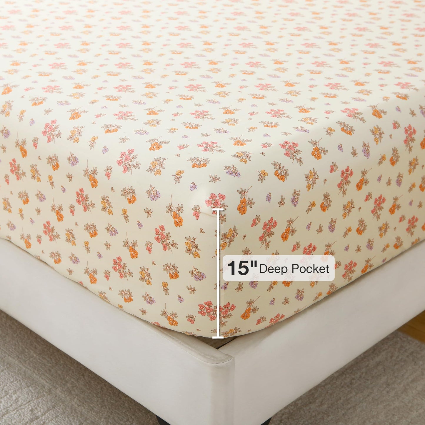 Viviland Floral Twin Sheet Set - 3 Piece Vintage Yellow Boho Flower Patterned Bed Sheets - Soft, Breathable Microfiber Sheets with Deep Pocket, Non-Slip Fitted Sheets & Pillowcases