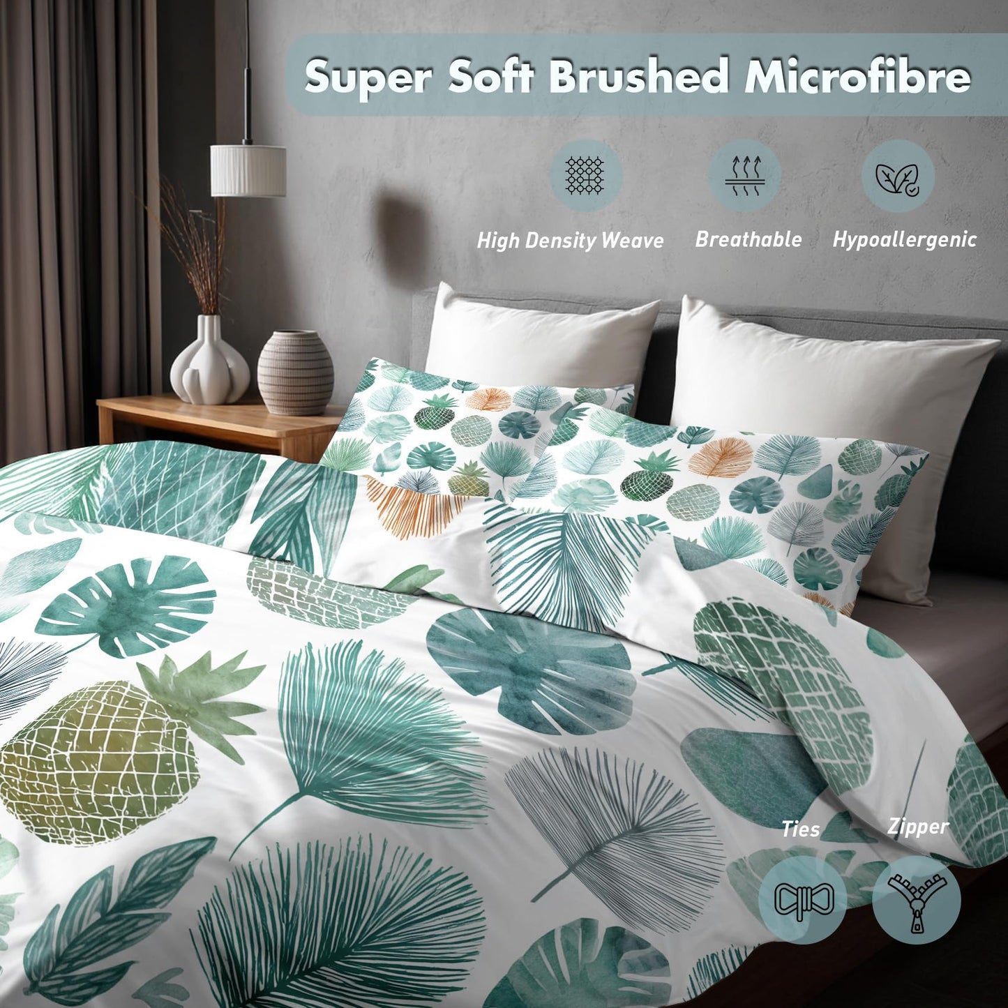 Monstera Palm Leaf Full Duvet Cover Set 3 Piece, Watercolor Tropical Leaves Reversible Bedding with 2 Pillow Shams, Zipper & Ties, Ultra Soft Microfiber, Leaf Bedroom Decorations 44A-K