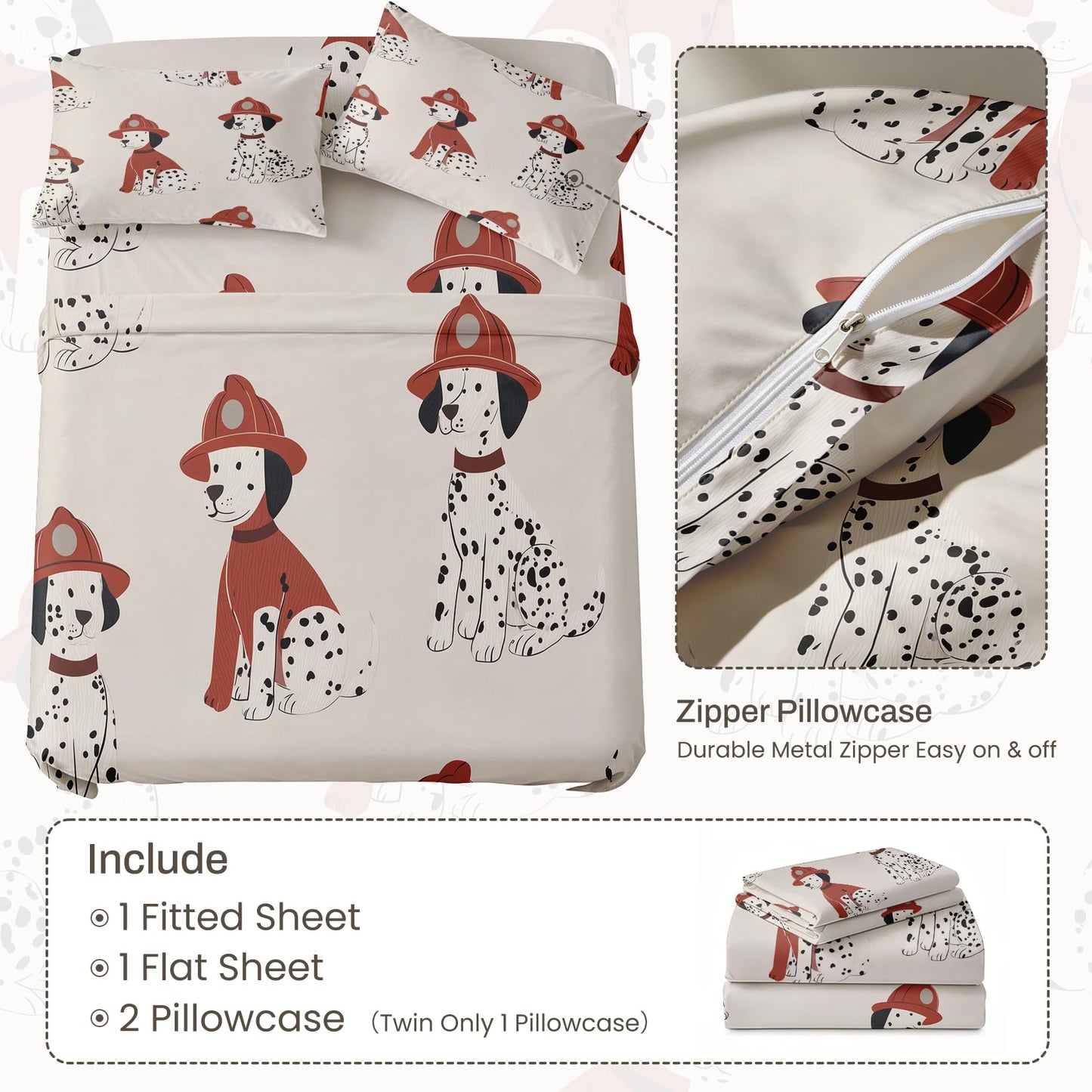 Firefighter Dog Twin Bedding Set Dalmatian Sheet Sets, Red Beige