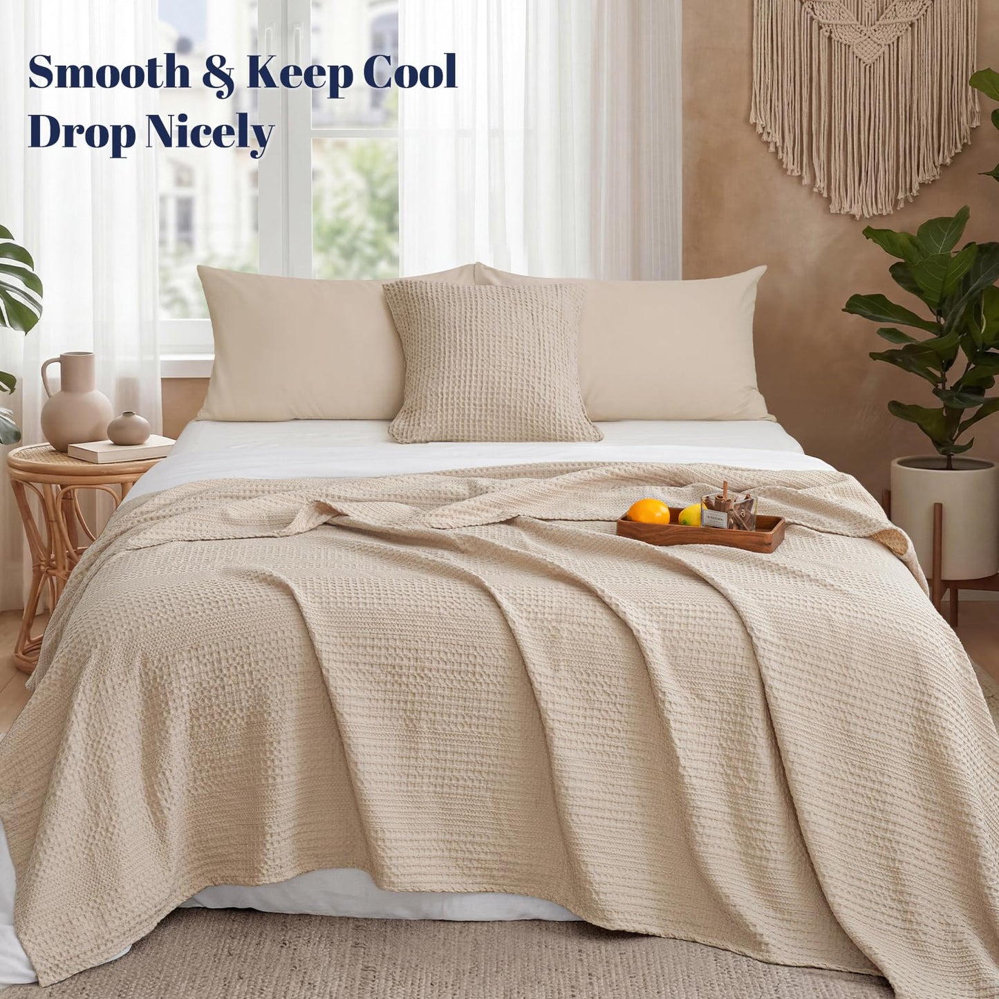 PHF Lightweight Waffle Weave Blanket Queen Size, Breathable & Ultra Soft, 90"x 90" Soft & Cozy Thin Blanket for Spring & Summer & Hot Sleepers, Bed, Home Decor - Light Tan
