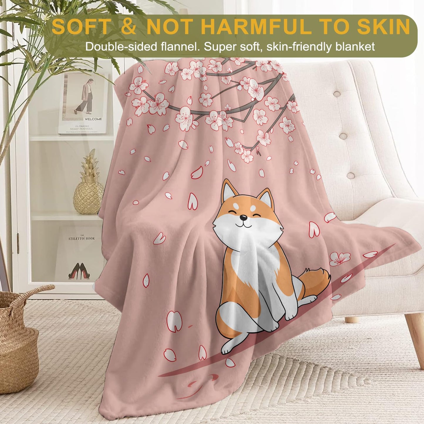 ainori Shiba Inu Flannel Blanket - Lightweight Soft Cozy Gifts Blankets for Dog Lovers, Kids, Women, Cute Pink Cherry Blossom Art Japanese Puppy Style Throw,Elegant Home Room Modern Decor 50x60in