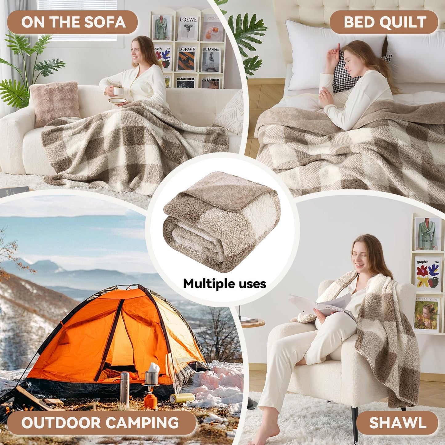LURKA Checkered Sherpa Fleece Throw Blanket – Soft and Cozy, Medium Weight for All Season, Plush Throw for Couch, Bed & Pets, Khaki, 50x60 Inches