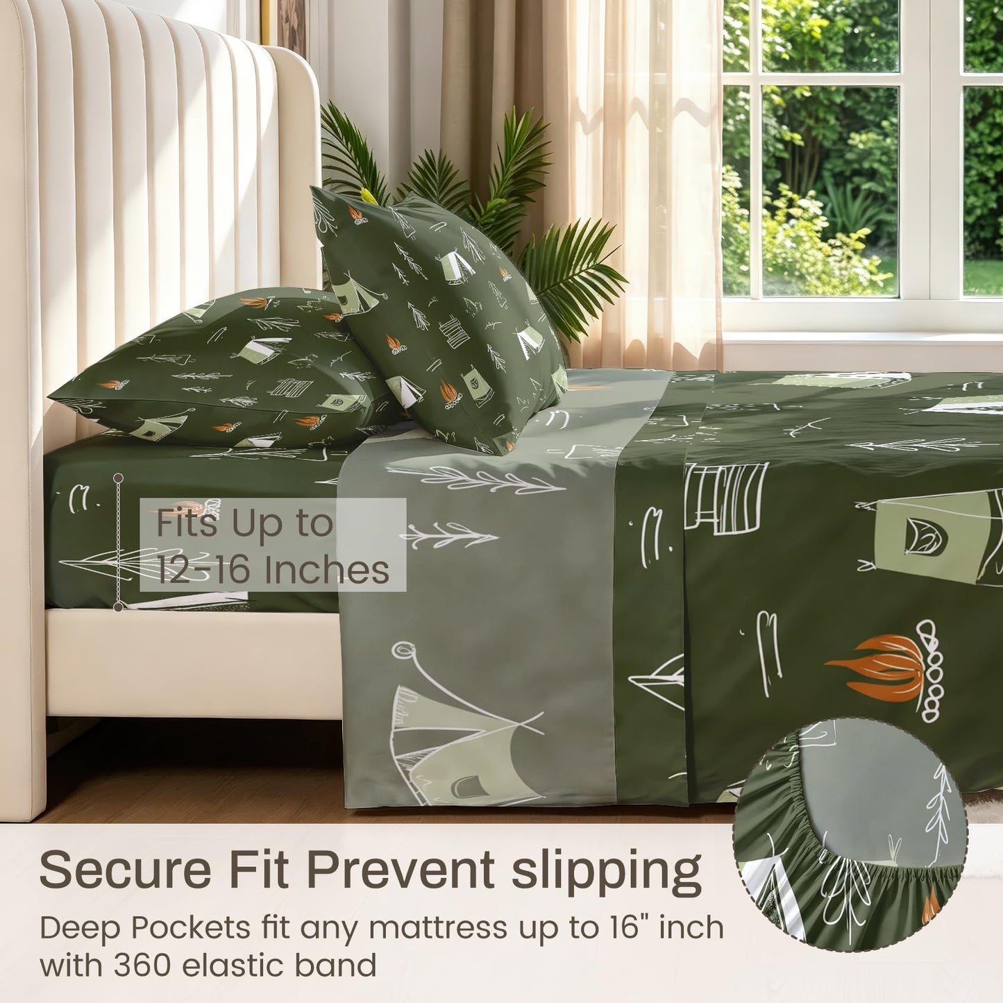 Camping Tent Twin Sheet Set Kids Flat Fitted Sheet Sets, Green