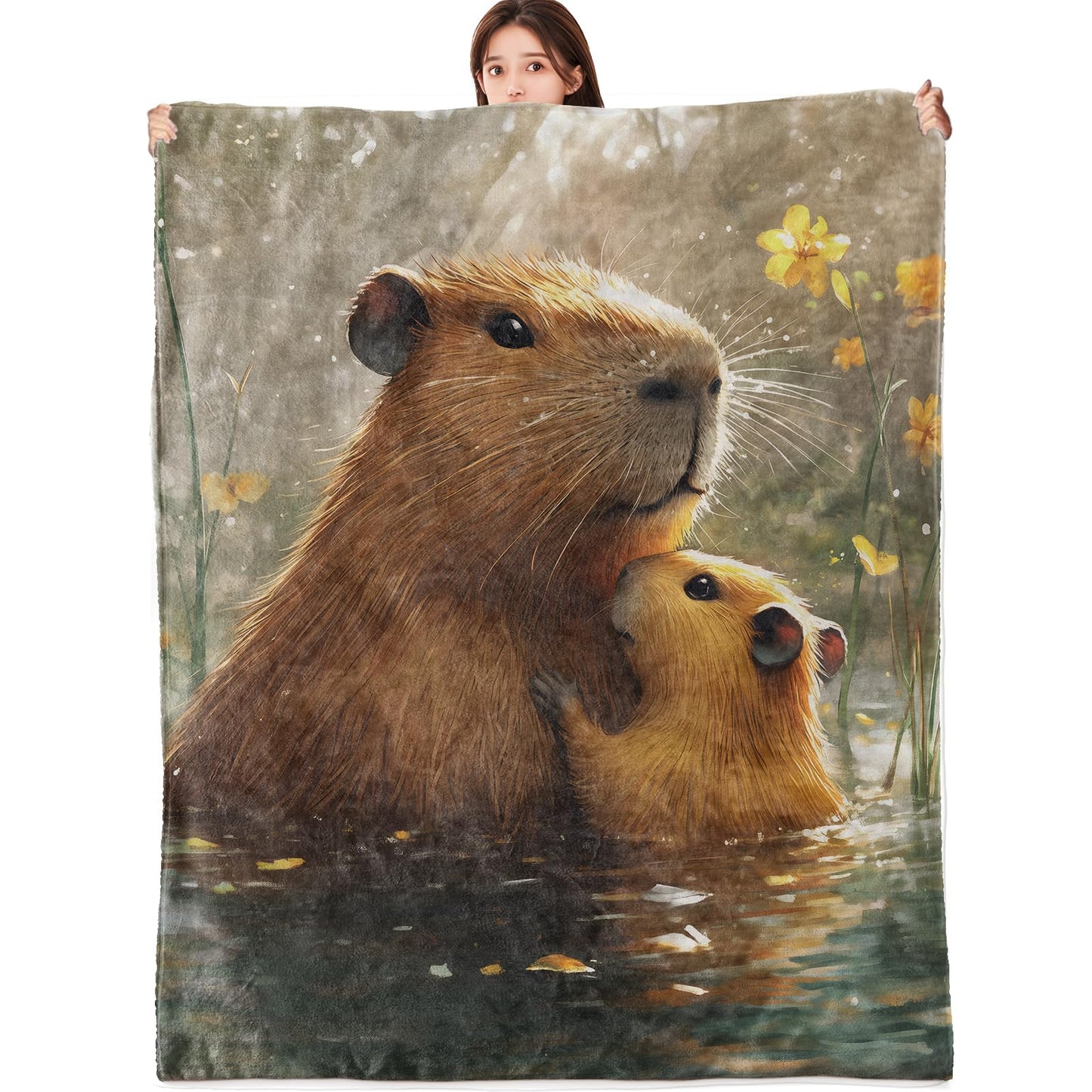 vnlvnl Cute Capybara Blanket Lightweight Flannel Blankets Gifts for Animal Lovers with Sunshine and Flower in Pond Printed Throw for Couch Chair Office Bedroom Spring Summer Decor, 60x50inch