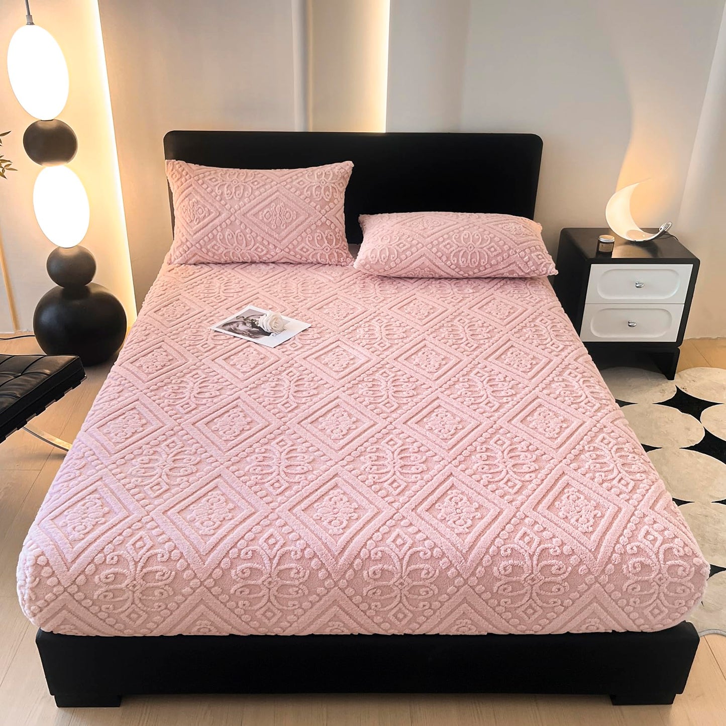 ZIQINPSQ Taffeta Velvet Jacquard Queen Fitted Sheet - Luxury Bedding - Ultra-Soft, Quick-Heat, Anti-Static, 360° Mattress Protector, Pink, No Pillowcases