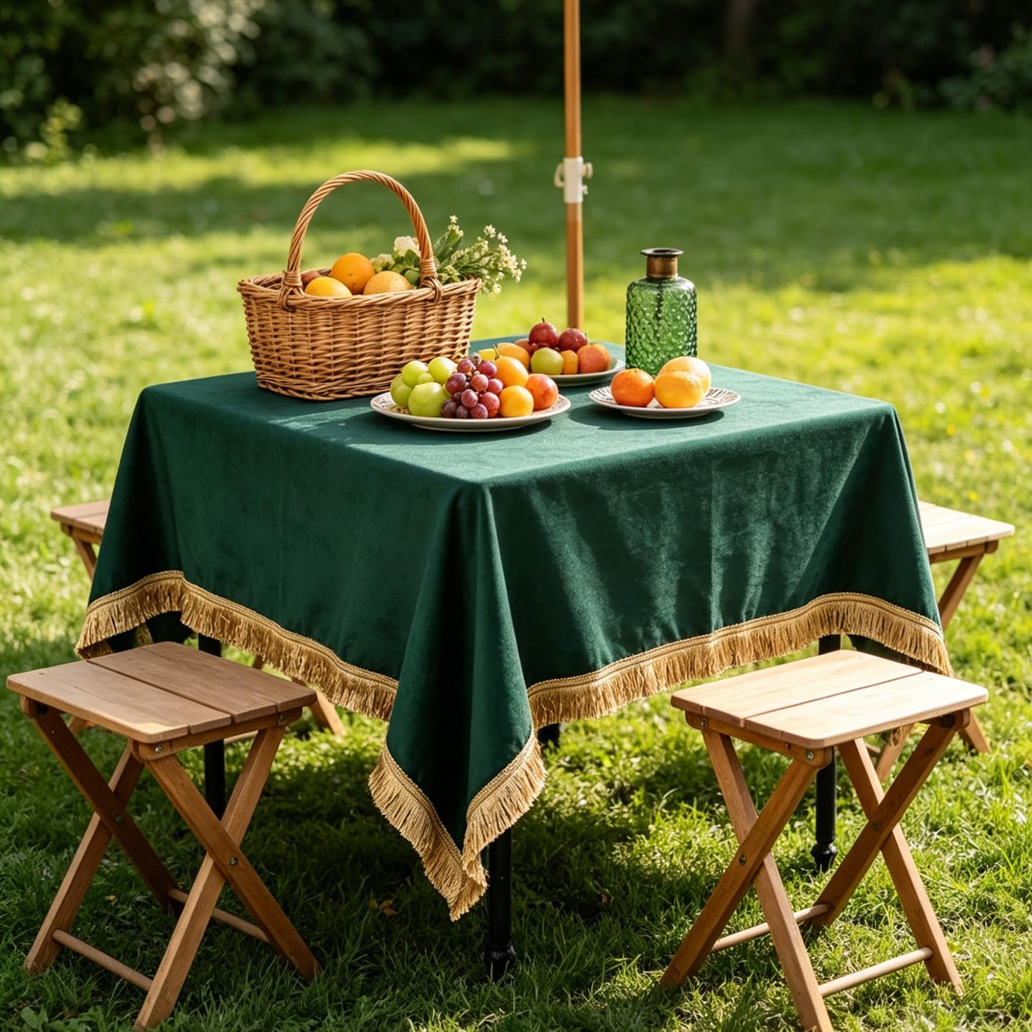 FAIRY KAARI Velvet Tablecloth Luxurious Green Rectangle Table Tablecloth Thickset with Luxurious Gold Tassels Table Cloth for Home Decor Christmas Wedding, Party, Banquet and Events 55X55inch