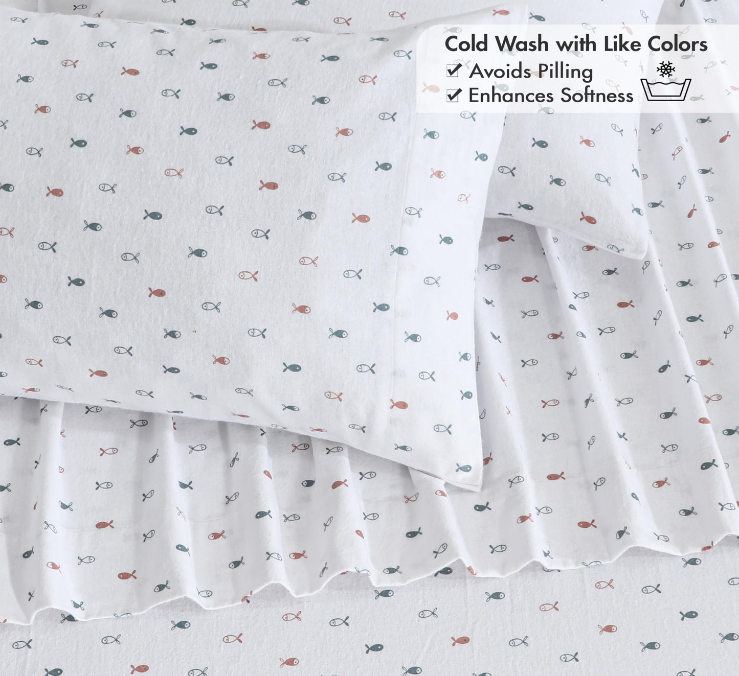RUVANTI Flannel Sheets Queen Size - 100% Cotton Double Brushed Bed Sheets, Deep Pockets 16 Inches Queen Sheet Set, All Seasons Breathable & Extra Soft - Warm & Cozy, 4 Piece, Little Swimmers
