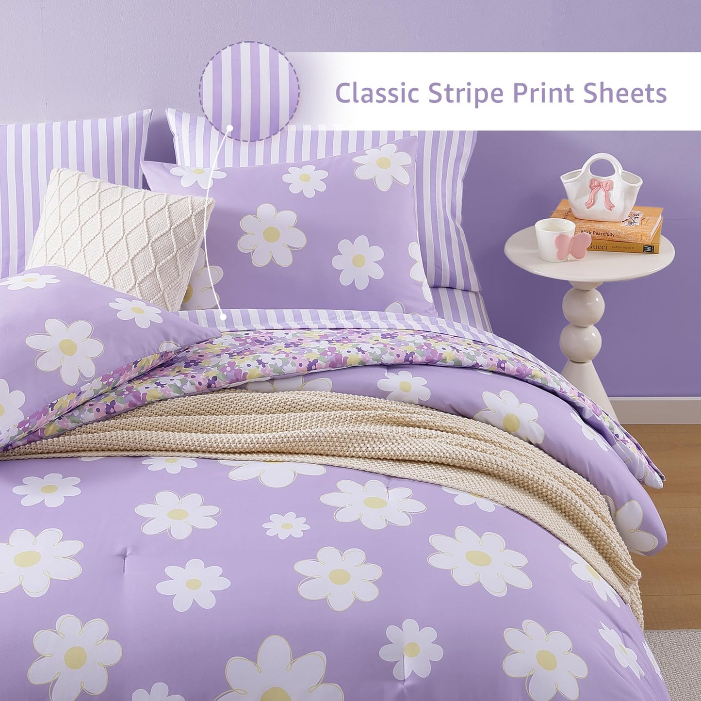 AMBERSPACE Twin XL Comforter Set for Girls, Purple Daisy Kids Bedding Set Reversible with Cute Floral, All Season Bed in a Bag Dorm 5 Pieces with Sheets, Pillowcase & Sham