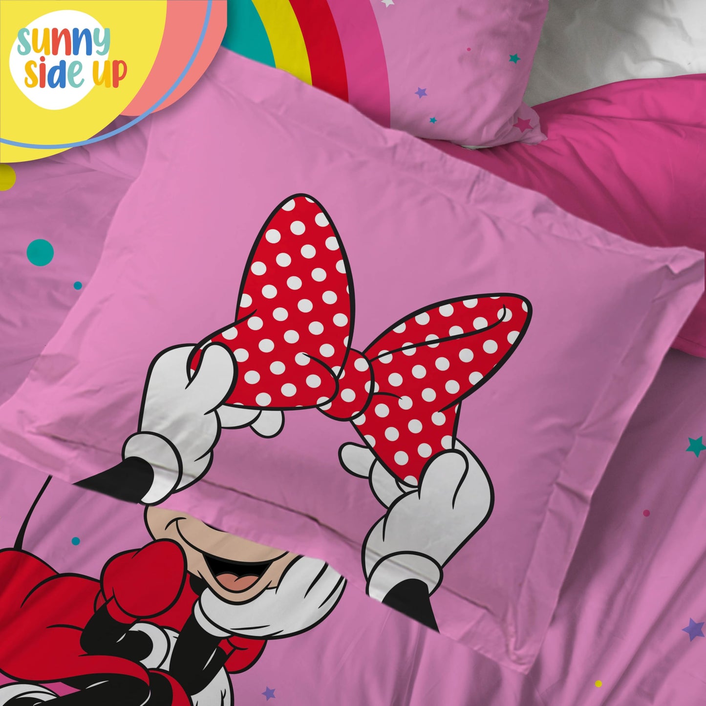 Sunny Side Up Disney Minnie Mouse Full Comforter Set - 7 Piece Kids Bedding Includes Comforter, Sheets & Pillow Cover - Super Soft Rainbow Dots Microfiber Bed Set