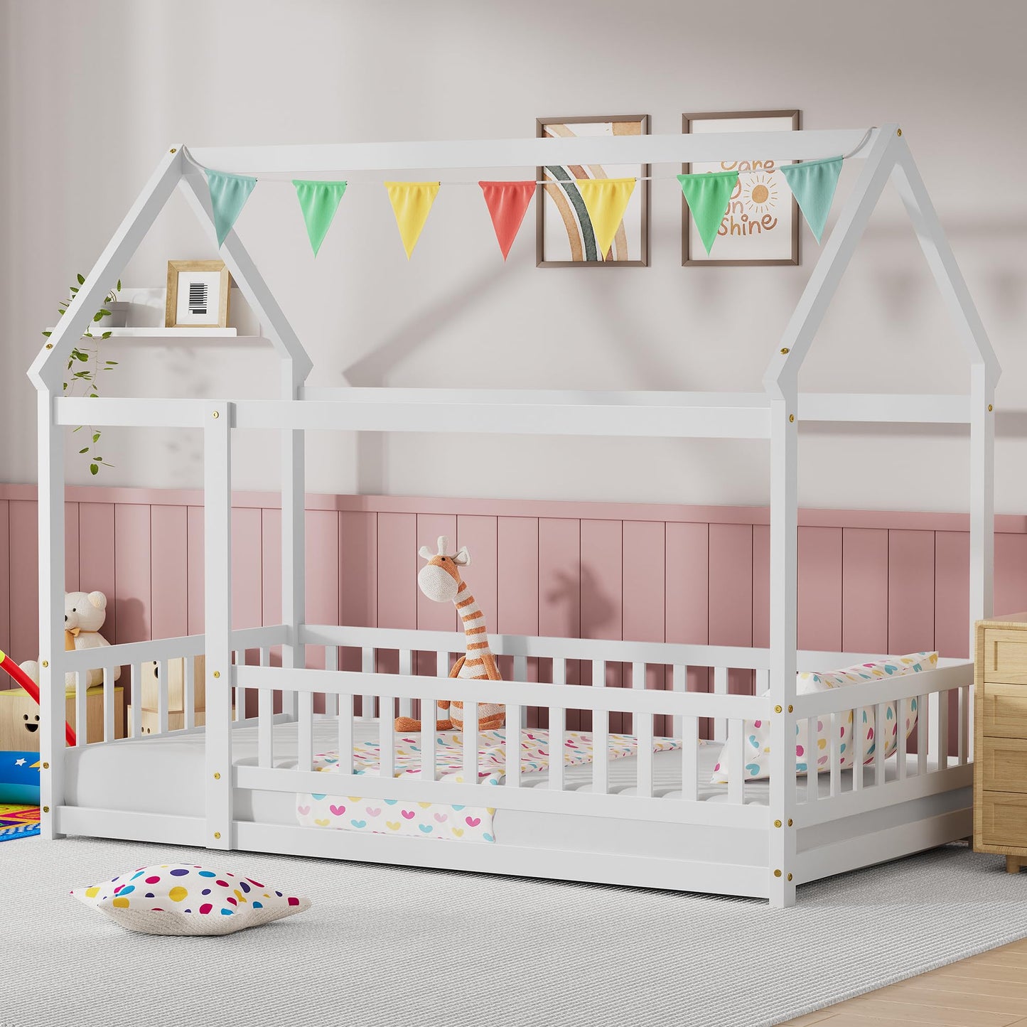 PVWIIK Twin Montessori Floor Bed with High Rails & Roof for Kids Bedroom,High Rails Bed Frame with Fence,No Box Spring Needed, White