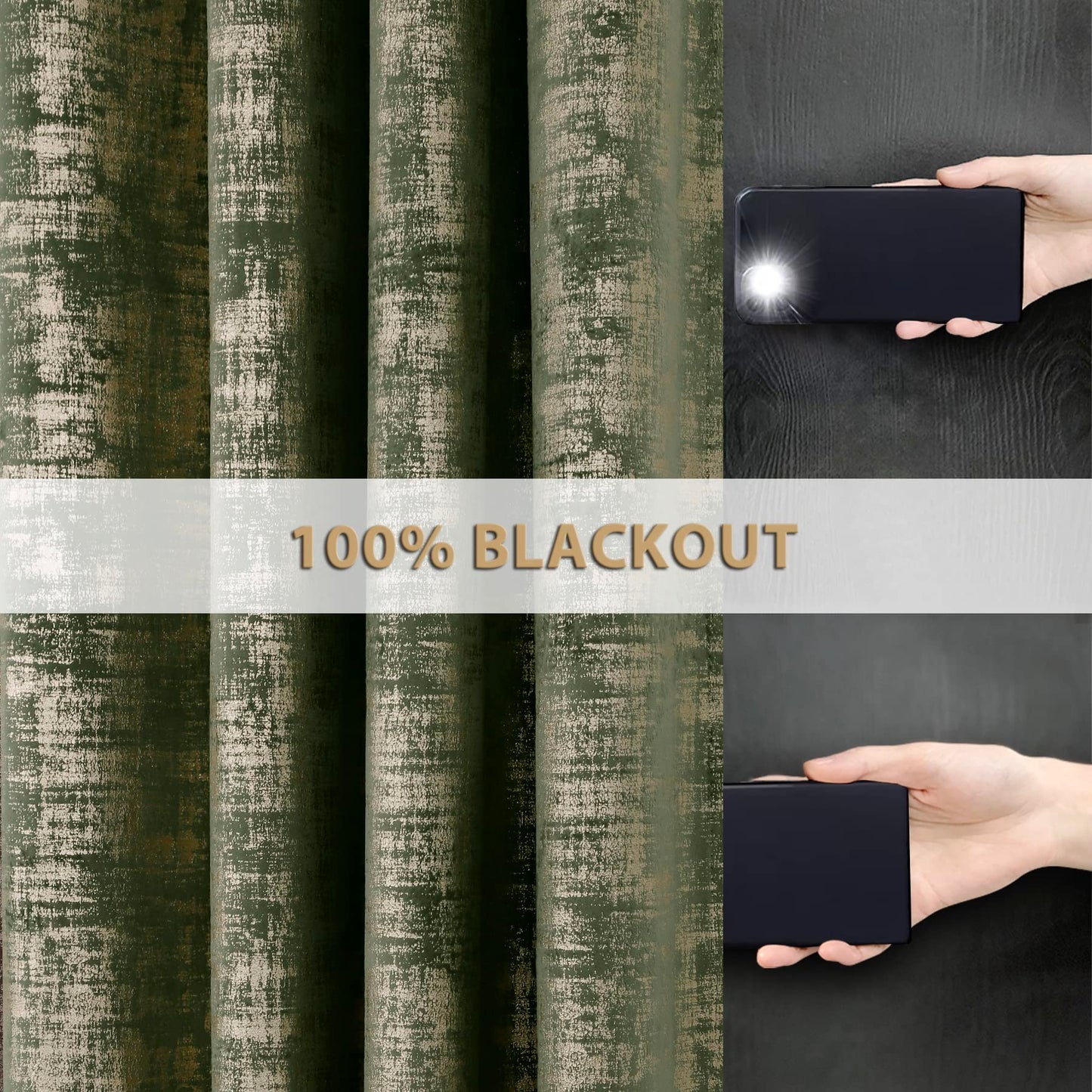 always4u 100% Blackout Soft Velvet Curtains for Bedroom Living Room Thermal Energy Saving 95 Inches Long Luxury Gold Foil Print Drapes 2 Panels Sage Green